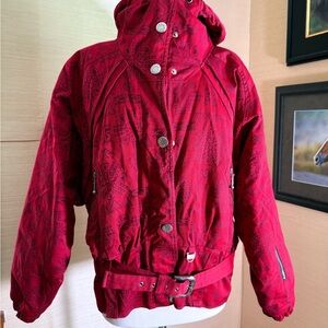 NILS Crimson Belted Ski Jacket with Patterned Design